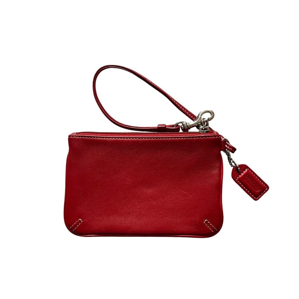 Coach Red Pebbled Leather Wristlet Pouch with Contrast Stitching and Hangtag